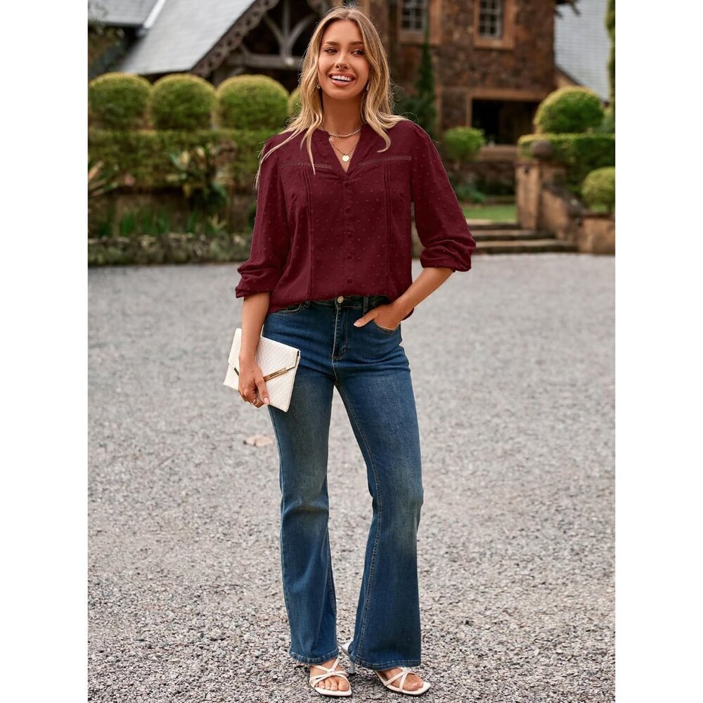 Womens Long Sleeve Polyester Blouse V-Neck Swiss Dot Casual Business Wear - Picture 4 of 6